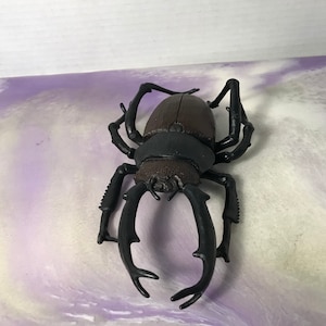 May include: A brown and black plastic stag beetle toy. The beetle has large mandibles and long legs.