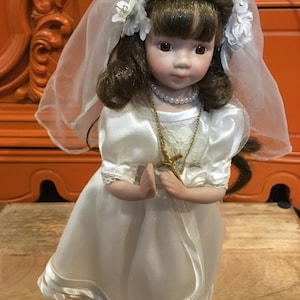 Vintage 1980&#39;s - 90&#39;s Ceramic Christening Church Doll with Stand - Ceramic Doll - Like New - Vintage Doll Item