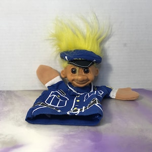 Vintage Russ Troll Doll Hand Puppet - Police Outfit Yellow Hair - Cool Vintage 1990&#39;s Plush Troll Nostalgia