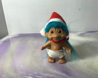 Russ Trolls Christmas Santa Troll Blue Hair Vintage Holiday - Rare 90's Treasure Trolls Nostalgia