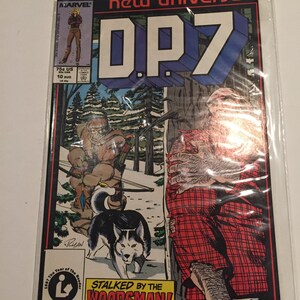 May include: A comic book cover featuring a red and black checked shirt, a man with a beard, and a dog. The cover is titled "DP7" and the tagline is "Stalked by the Woodsman!"