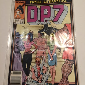 May include: A comic book cover featuring a group of characters standing in front of a wall with a height chart. The characters are a man with a purple cloak, a woman with pink hair, a woman with brown hair, a woman with blonde hair, a man with red hair, and a large, hairy man. The comic book cover is titled "DP7" and is part of the "New Universe" series.
