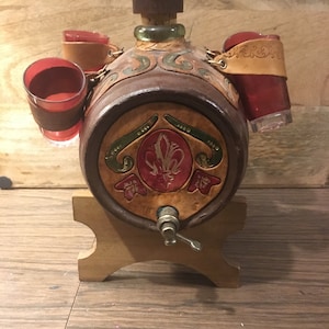 Vintage Leather Bound Alcohol Spirit Canteen / Decanter Keg Styled with 4 Shot Glasses - Super Neat Keg Styled 1970&#39;s Leather Display Piece