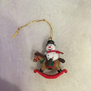 Vintage Christmas Miniature Ornament - Snowman on Rocking Horse - Mini Christmas Ornament Figurine - 1990's Christmas Ornament Nostalgia