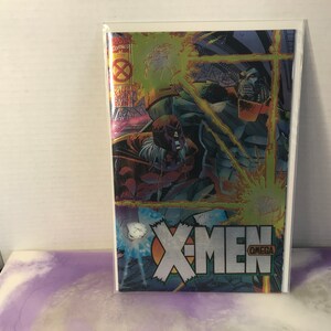 May include: A comic book cover featuring X-Men Omega. The cover art shows a close-up of a battle scene with two characters, one in red and black and the other in blue and yellow. The background is a mix of green, yellow, and blue.