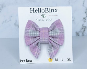 Ready to Ship - Light Lavender Dog Sailor Bow - Bow for Dogs - Floral Bow - Double Velcro Bow - Pink Plaid Dog Bow