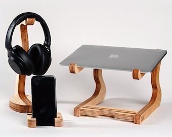 Bundle Deal || Premium Wooden Laptop Stand + Headphone Stand + Phone holder | Equal Peaks | Sustainable | Working From Home Gift | Eco Gift