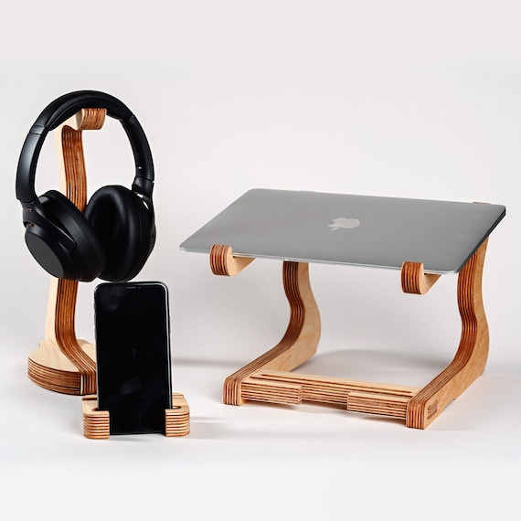 Bundle Deal || Premium Wooden Laptop Stand + Headphone Stand + Phone holder | Equal Peaks | Sustainable | Working From Home Gift | Eco Gift