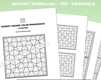 Paquete de hojas de trabajo para colorear con 4 cuadrados redondos de la abuela [Descarga instantánea en PDF] - Libro para colorear de crochet - Imprimible de crochet
