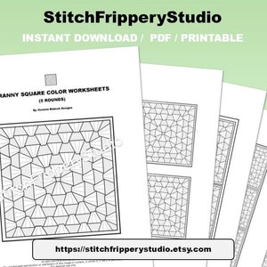 Puede incluir: Hojas de trabajo de color de granny square imprimibles con cinco rondas. Las hojas de trabajo son en blanco y negro y presentan un patrón geométrico. El texto "https://stitchfripperystudio.etsy.com" está en la parte inferior de la página.