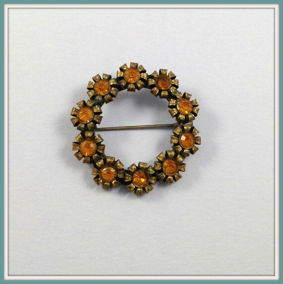 ANTIQUE CIRCLE BROOCH, Amber Rhinestones Brooch, … - image 2