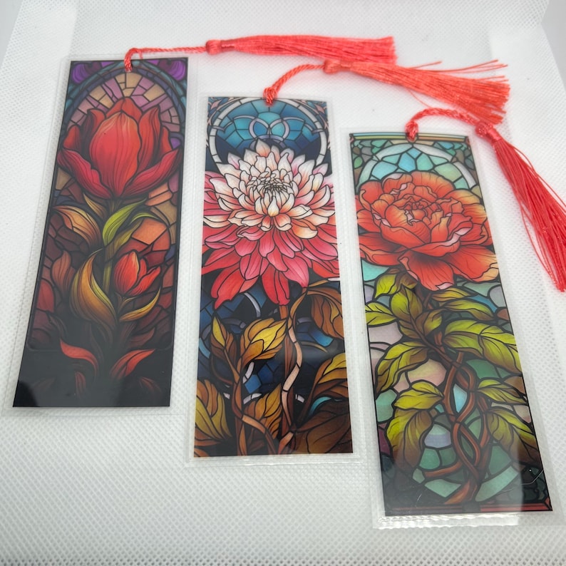 Bookmark Design Color:red Stained Glass Effect Bookmarks ( Set of 3) - Flowers - Etsy