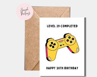 30th Birthday Card, Cute Gift For Him Or Her, Happy Wishes At Thirty, Level 29 Completed, Pun Present