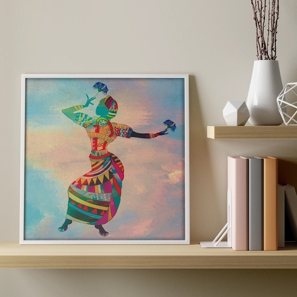 Silhouette colorée abstraite d'une danseuse en Mudra - Disponible en cadre et en toile, adaptée à la maison, au bureau, à la décoration de studio et aux cadeaux