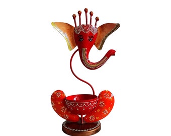 Handicraft Ganesha Faced Candle Holder, Hand Painted For Traditional Look