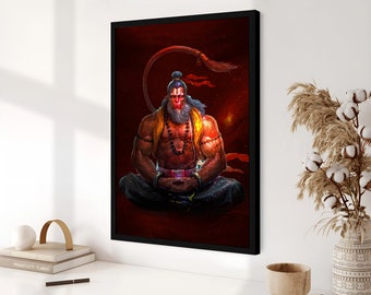 Sacred Serenity: Hanuman in Meditative Bliss - Artwork for Spiritual Inspiration with Two Options Captivating Green, Serene Red Background