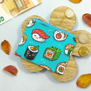 Portamonete kawaii Allegri sushi: per soldi, banconote, monete, tessere e piccoli oggetti come dadi e gioielli. Per borse e tasche.