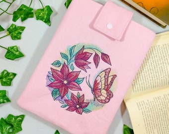 Boekenhoes geborduurde boekbeschermer met bloemen en vlinder. Etui voor e-boeklezers en tablets. Boekomslag. Handgemaakt in Italië.