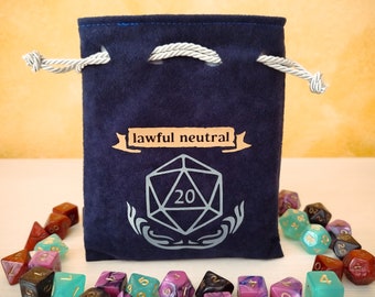 Blue velor dice bag, themed Lawful neutral alignment. Available in 3 sizes and 5 colours, lined, for role-playing games
