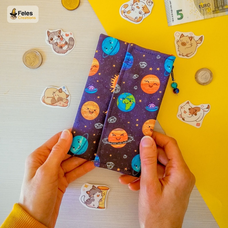 Kawaii wallet themed Smiling planets Cotton earth: for money sun Made in Italy. with lots of pockets cards and documents