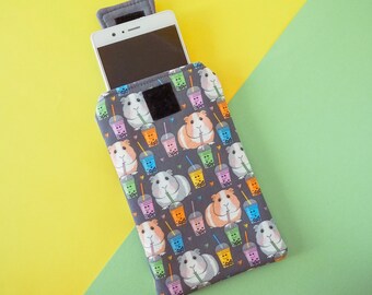 Kawaii mobile phone holder themed Guinea pigs and bubble tea: padded phone case, to protect your smartphone in your bag or backpack.