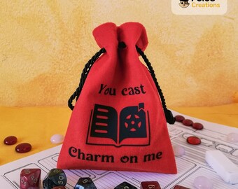 Red Velor Dice Bag, Decorated With a Black Charm Theme