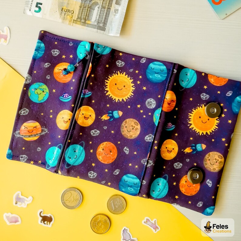 Kawaii wallet themed Smiling planets Cotton earth: for money sun Made in Italy. with lots of pockets cards and documents