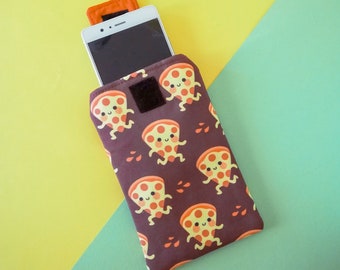 Kawaii themed phone holder Pizzas that run: padded phone case, to protect your smartphone in your bag or backpack.