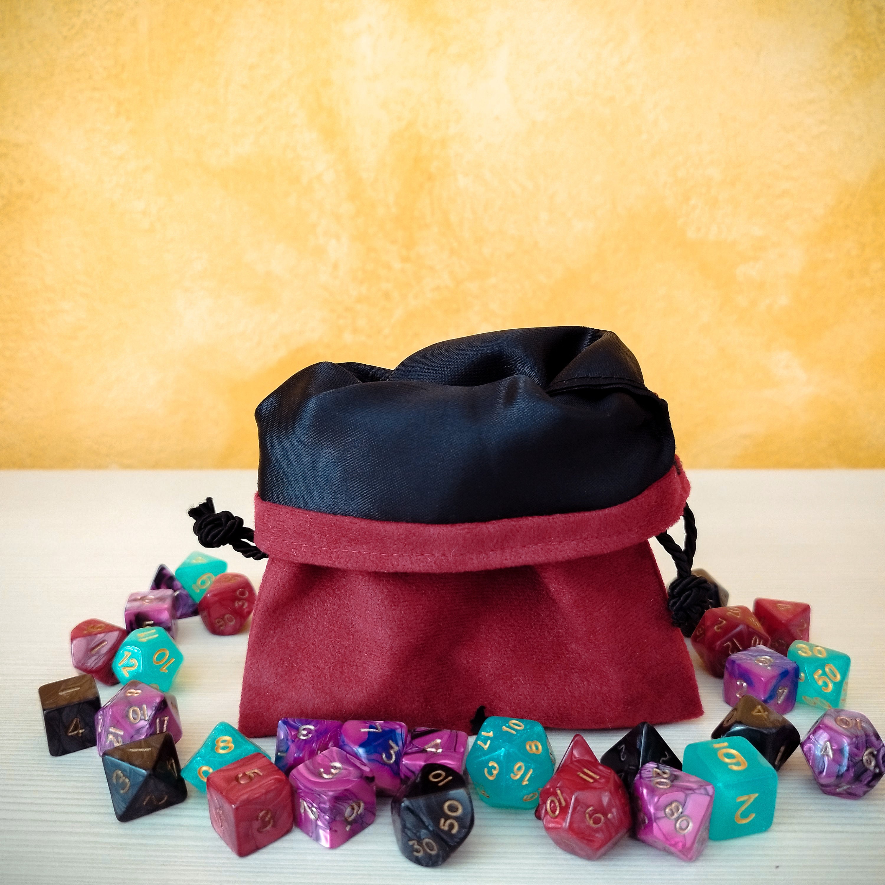 Red Velour Dice Bag With Fighter Class Theme and D20 Dice