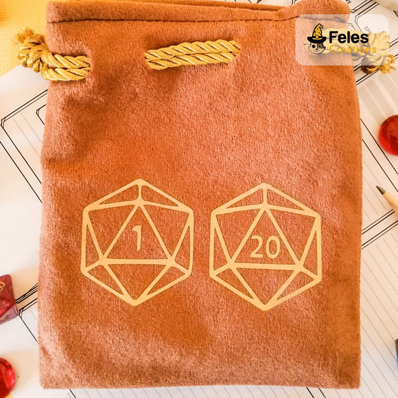 Brown Velvet Dice Bag With D1 and D20 Goldthemed Décor. Etsy