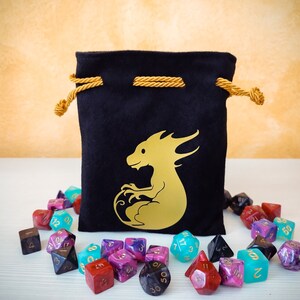 Black Velour Dice Bag with Air Dragon Theme. Available in 3 Sizes and 5 Colors, Lined, for Role Playing Games