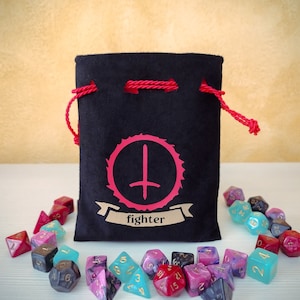 Black velour dice bag with a Fighter and Sword class theme. Available in 3 sizes and 5 colors, lined, for role playing.