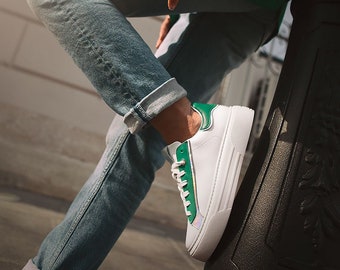 Leather Sneakers in white and green with chameleon effect from genuine materials