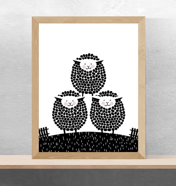 Black And White Sheep Drawing Illustration Kids Room Bedroom Poster Monochromatic Wall Children Print Nursery Square Animals Theme Decor