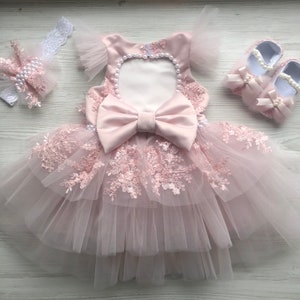 Light pink dress with pearls, headband and shoes for baby girl. Flower girl outfit. First birthday clothing set. Baptism outfit for girl.