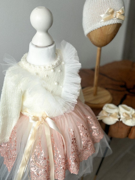 Elegant Hand Knit Ivory Baby Girl Outfit With, Tulle, and Pearls - Romper, Tutu  Skirt, Hat, Shoes. Ready to Ship. - Etsy