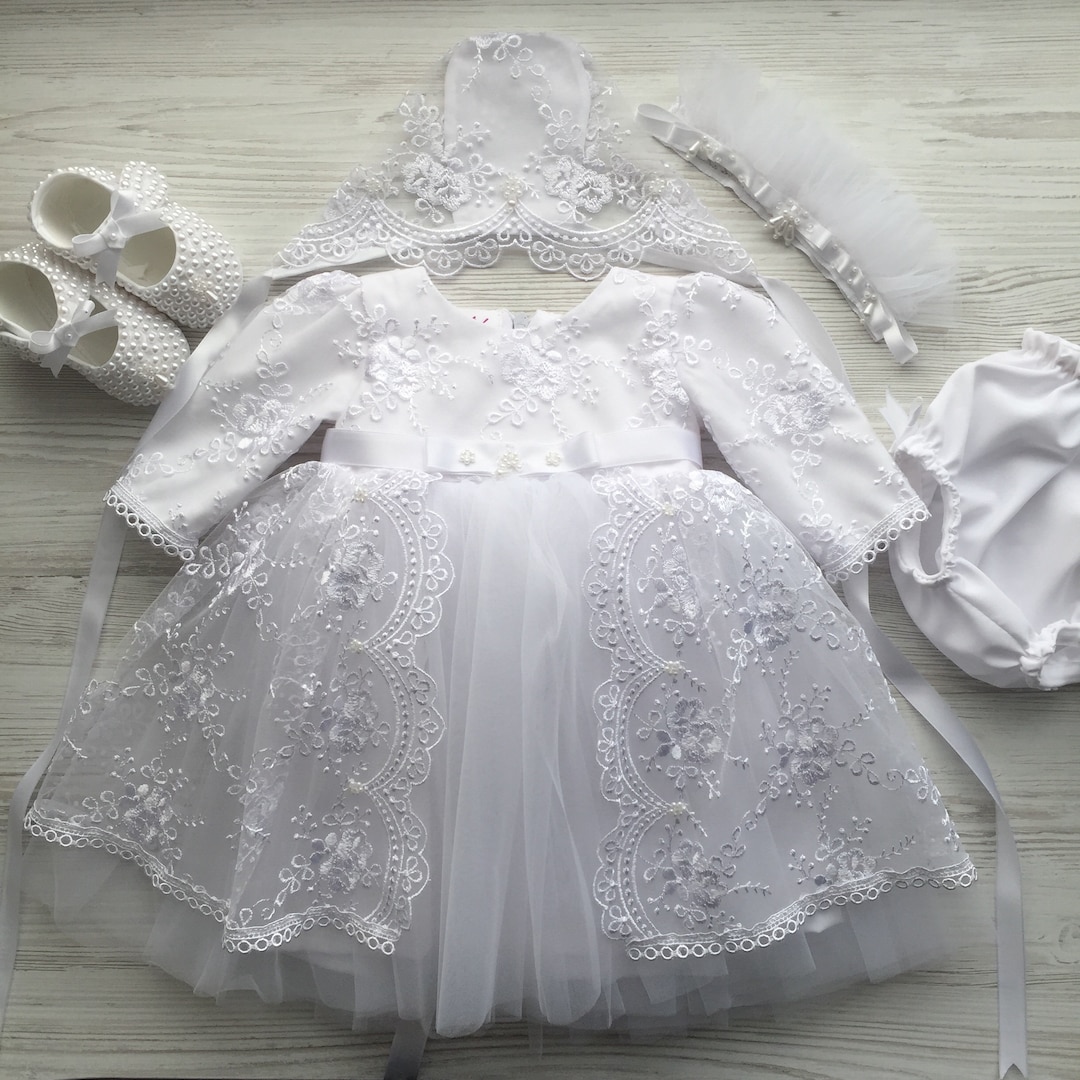 Elegant White Lace Dress Set With Headband, Panties, and Pearl