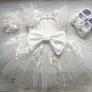 Ivory lace and tulle dress with headband and panties with pearls and ribbon. Outfit for birthday, Baptism, Christening, or flower girl.