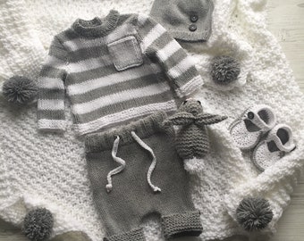 Knitting outfit for baby boy.Take home outfit for boy. Baby shower gift for boy. Blanket, sweater, trousers, hat, boots, toy for baby boy