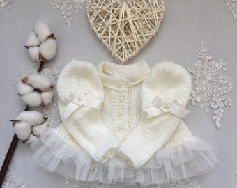 Luxurious Hand Knit Ivory Jacket with Tulle, Lace, and Pearl Details - Perfect for Baby Girls 0-24 Months.