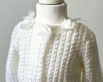 Hand Knit White Sweater for Baby Girl | 3D Flowers & Pearls | Ready to Ship | Size 0-3 Months.