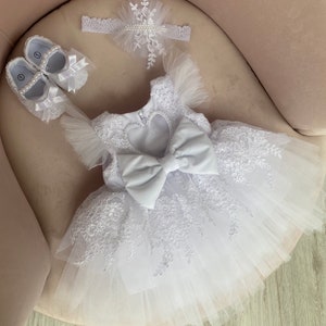 Beautiful baby girl white lace dress set with sparkles and pearls, headband, and shoes: perfect for special occasions