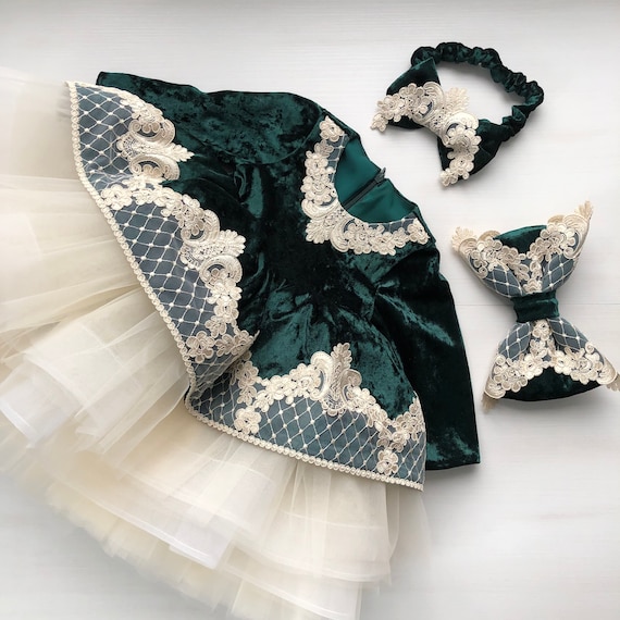 Stunning Green Velvet Baby Dress with Gold Lace and Headband - Available in 9-12 and 12-18 Month Sizes. Ready to ship.