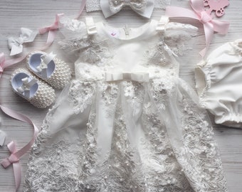 Baptism outfit for girl.Christening gown.Baptism dress.First birthday dress.Set for birthday.Dress with lace.White dress.Flower girl dress