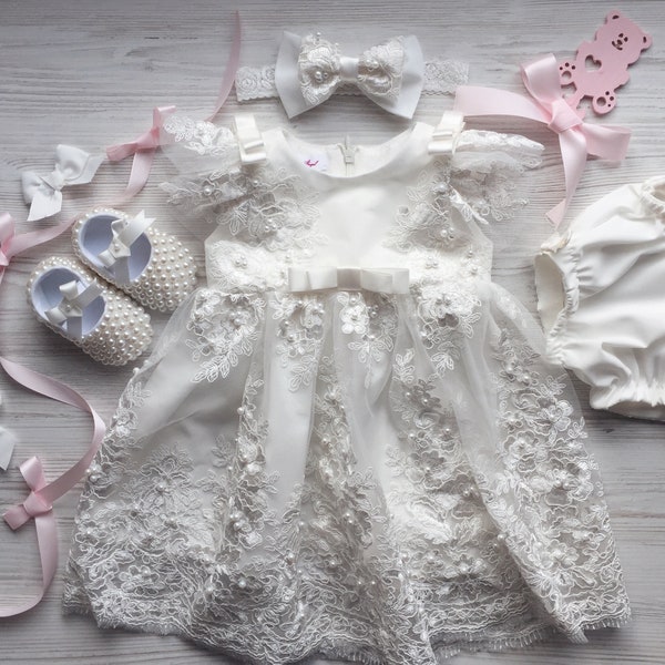 Baptism outfit for girl.Christening gown.Baptism dress.First birthday dress.Set for birthday.Dress with lace.White dress.Flower girl dress