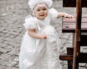 Gown for 9-12 size baby: dress with lace, pearls, sequins, detachable skirt, headband, shoes, blanket, decorations for candles, curl bag.