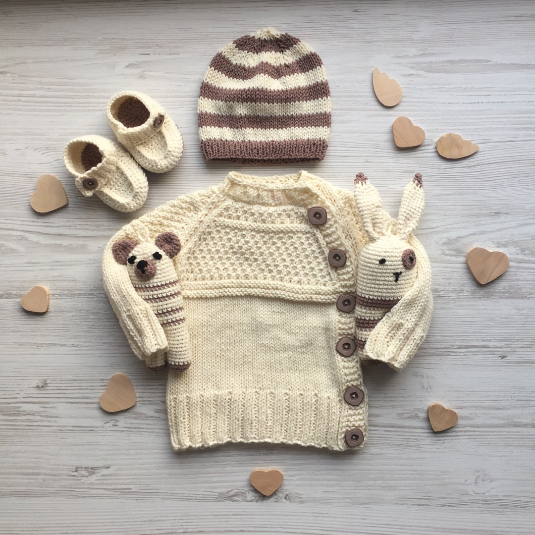 Soft and Cozy Handmade Knit Baby Boy Outfit Light Beig and Brown