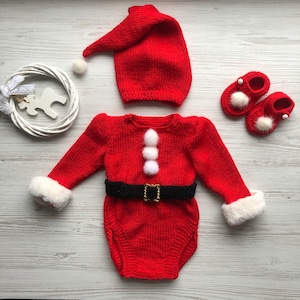 Clothing set for baby boy. Santa outfit for baby boy. Red romper with mink fur, hat, boots and black belt. Christmas outfit for baby boy.