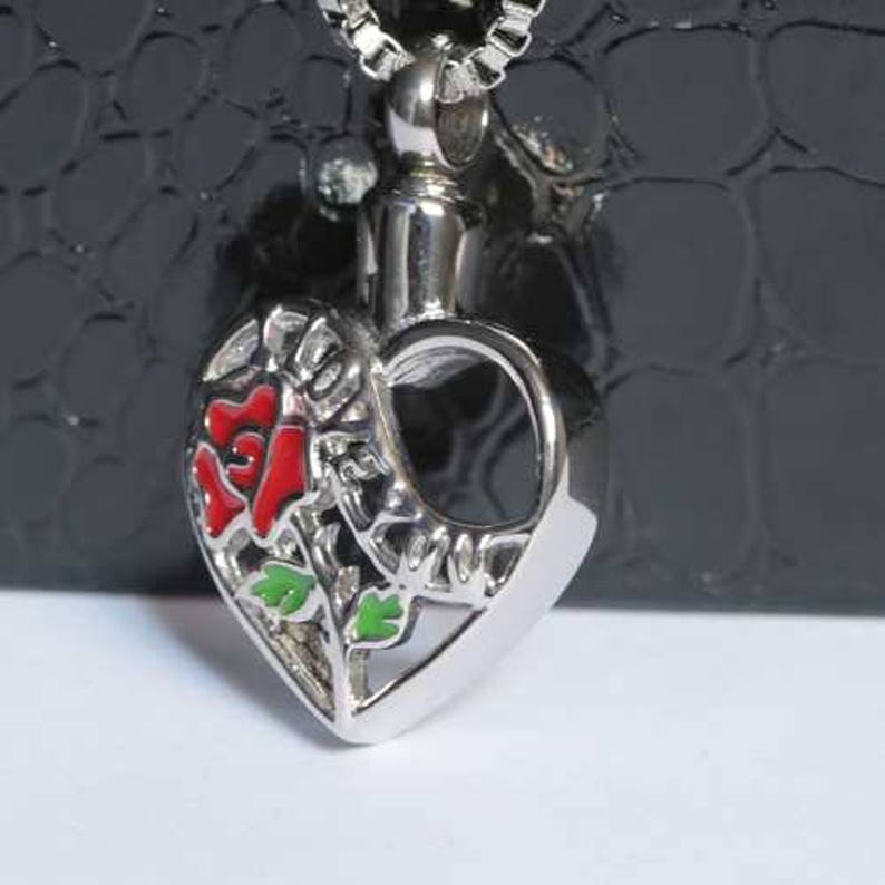 Chain Sold Separately I Love You Heart With Red Rose Cremation Pendant