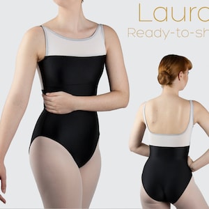 Ready-to-ship LAURA black & white boat neck mesh ballet leotard - Aurelia Dancewear